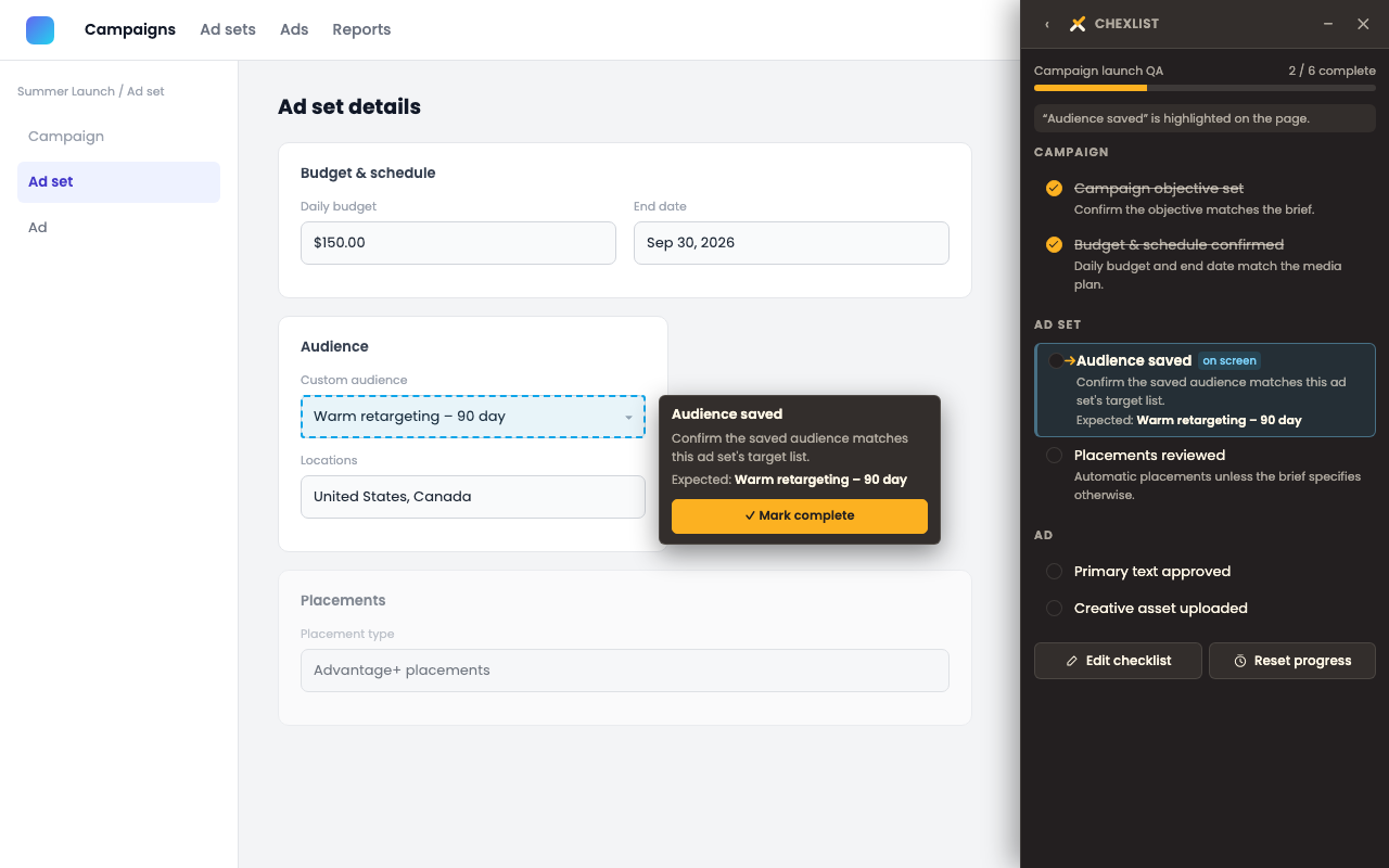 Chexlist's checklist panel open beside a campaign setup page, with the next checklist item highlighted on the page